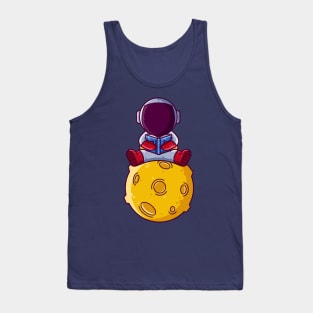 Cute Astronaut Reading Book on Moon Cartoon Tank Top